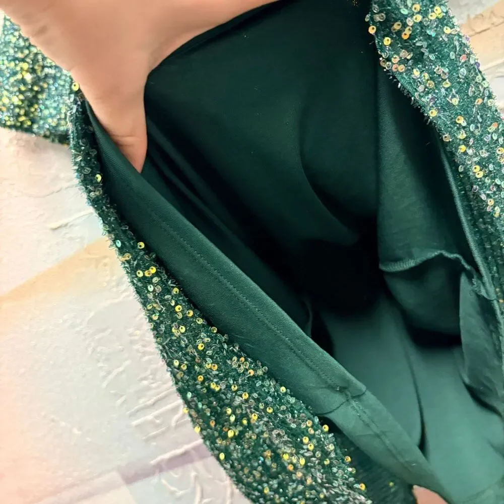 Hayden Girls L Green Sequin Puff Sleeve Dress Christmas Holiday Glam Preppy Chic